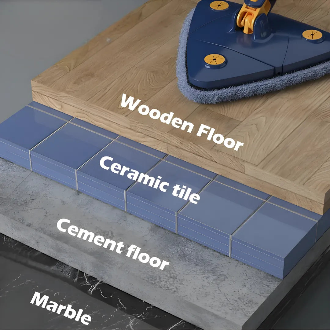 Image shows the mop in front of various furniture materials—glass, marble, wood, and ceramic—demonstrating its versatility in cleaning all surface types effectively and safely.