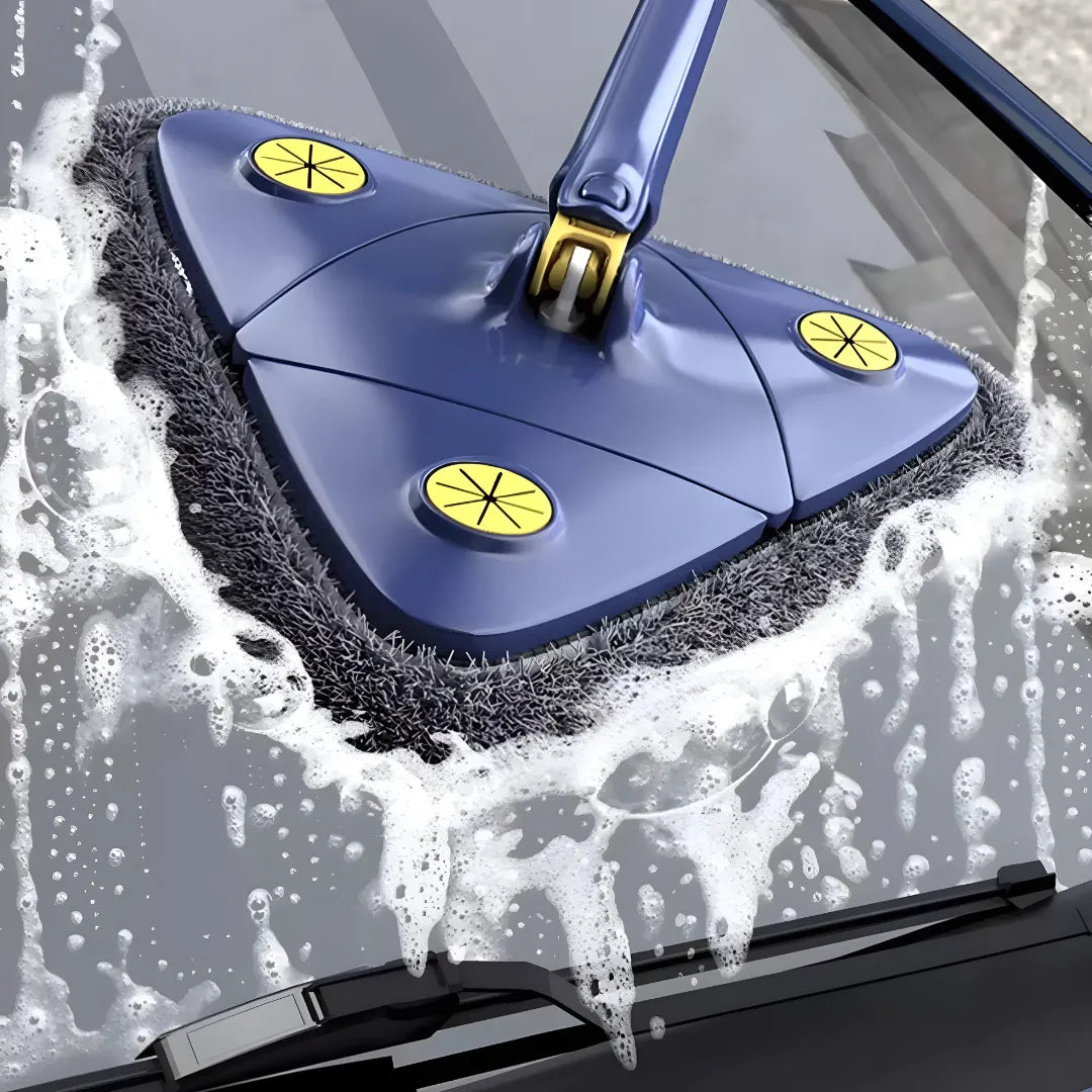 mage shows the triangular mop head cleaning a car window. Its small design covers wide areas with high water absorption, making cleaning fast and spotless with just one swipe.