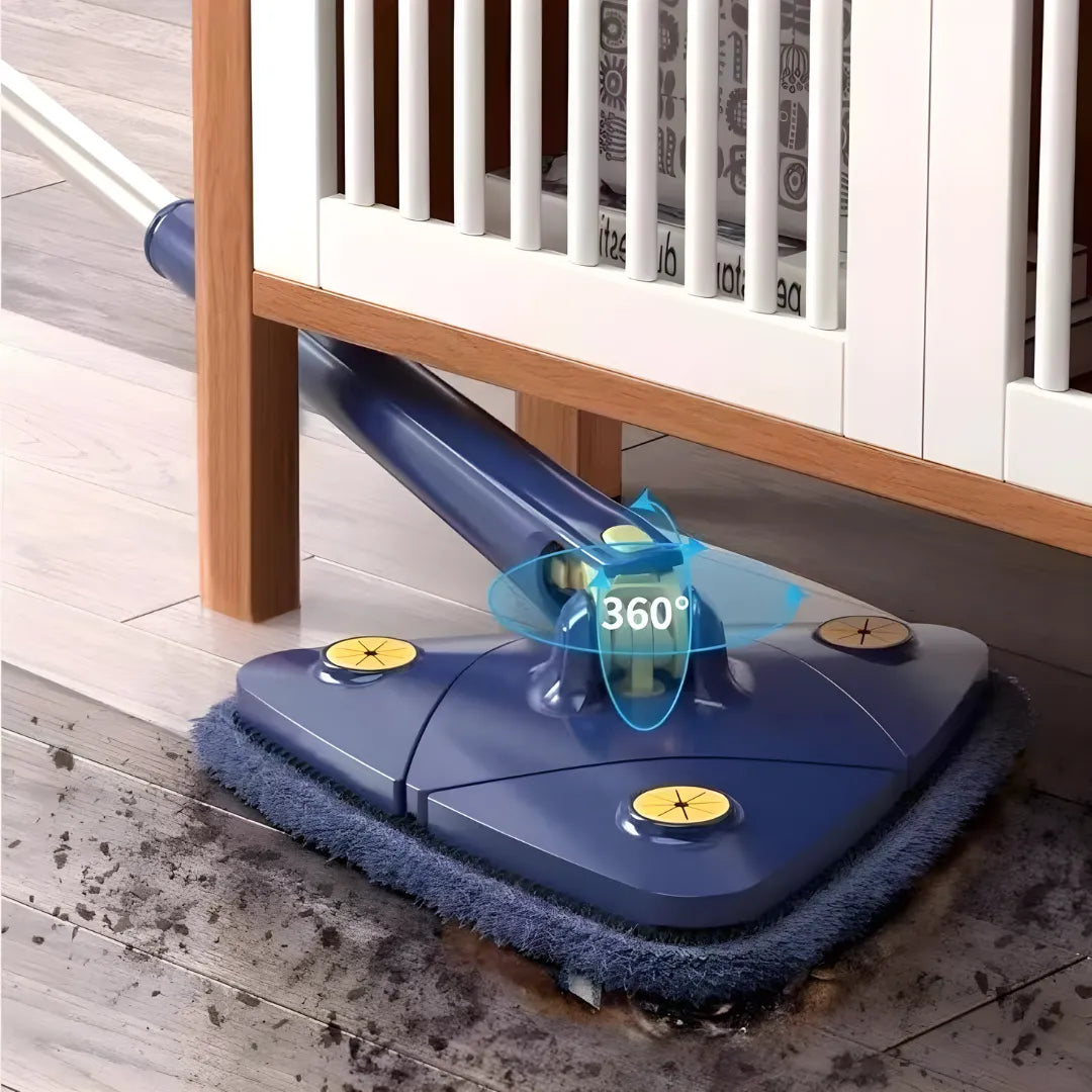 Image shows a 360° rotatable triangular mop head effortlessly navigating around sofa legs to clean dust underneath. The flexible rotation ensures high-efficiency cleaning in hard-to-reach areas.