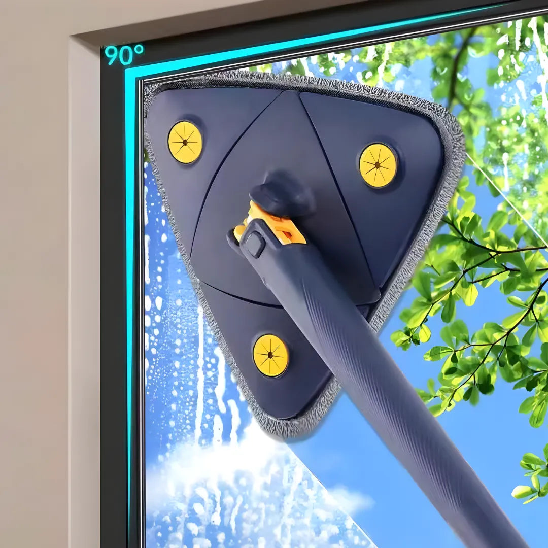 Image shows a 360° rotatable triangular mop head easily cleaning the upper window corner—one of the hardest household spots to reach. The triangle design makes corner cleaning effortless and thorough.