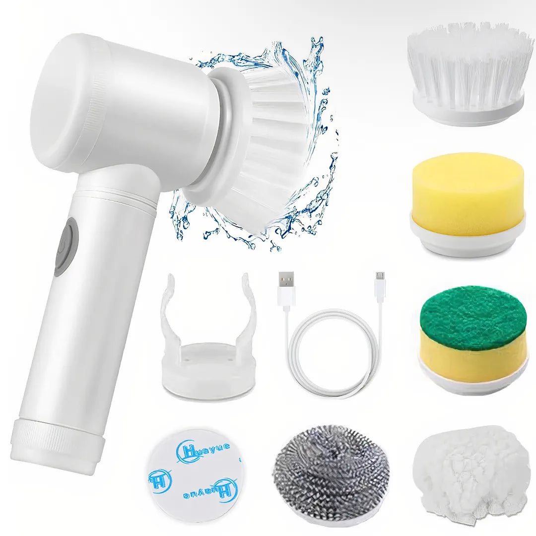 Main image of an electric spin scrubber with five interchangeable brush heads, designed for high-efficiency cleaning in bathrooms, kitchens, and other areas.