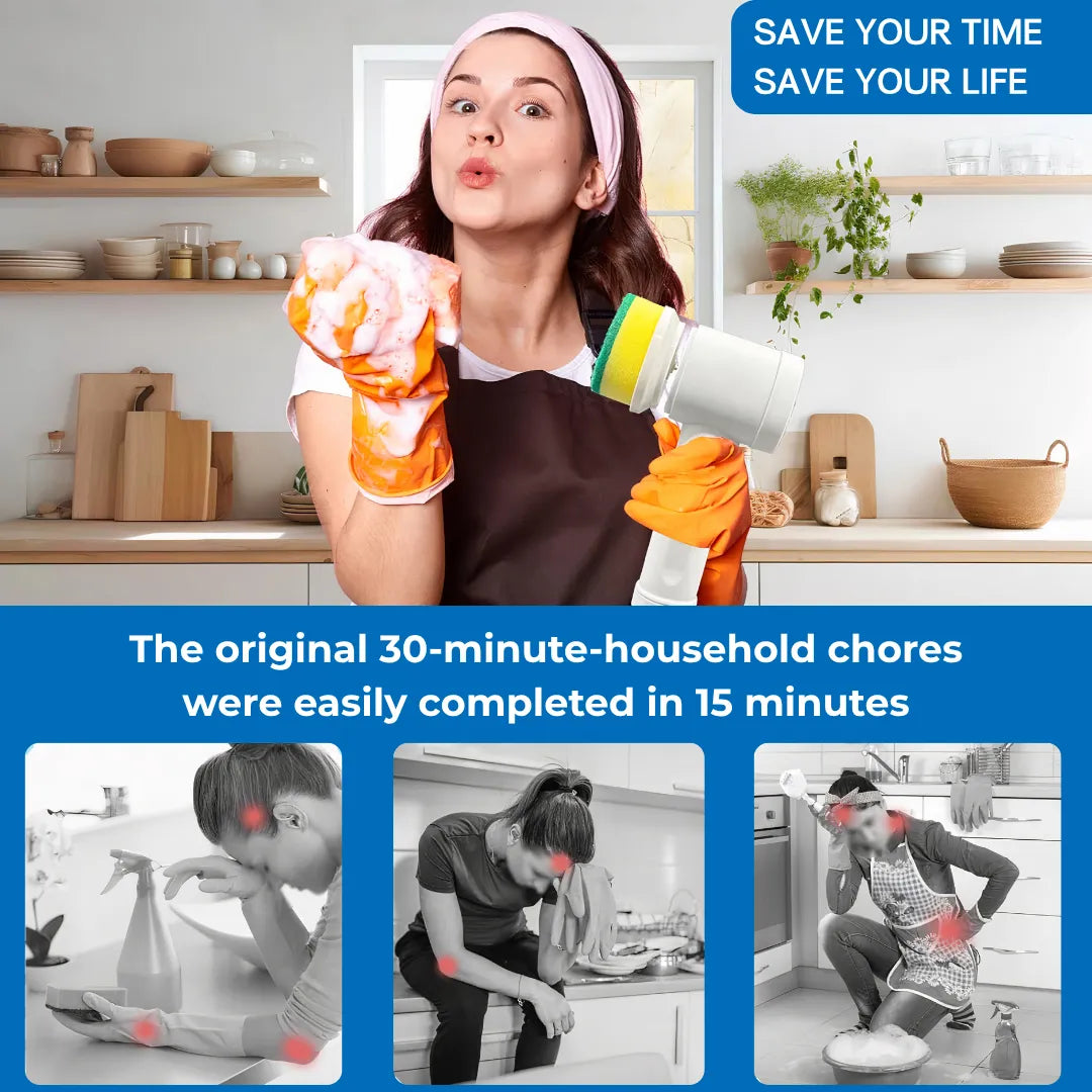 A woman happily using an electric spin scrubber, contrasting with images below showing back, arm, and waist pain from manual cleaning—finishing 30-minute chores in just 15 minutes.