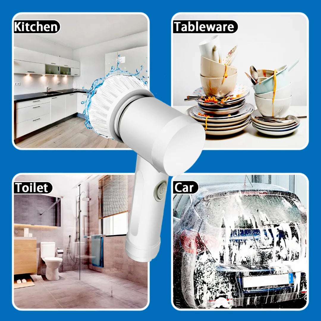 Image showing the electric spin scrubber used in various scenes including kitchen, bathroom, dishes, and car, highlighting its multi-scene versatility and easy cleaning power.