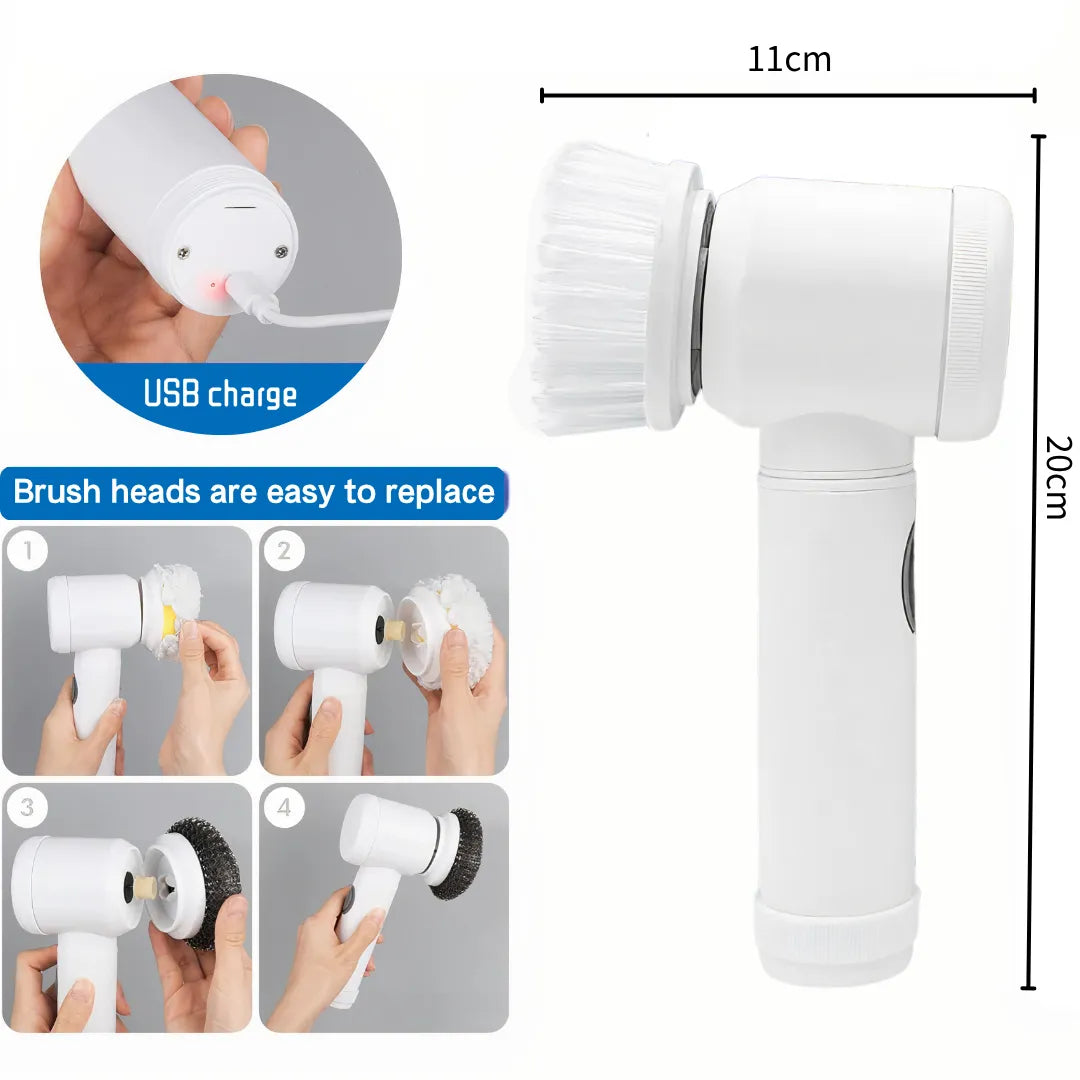 Image showing the simple process of replacing brush heads, showcasing the USB charging port and demonstrating the compact size of the electric spin scrubber for easy storage and use.