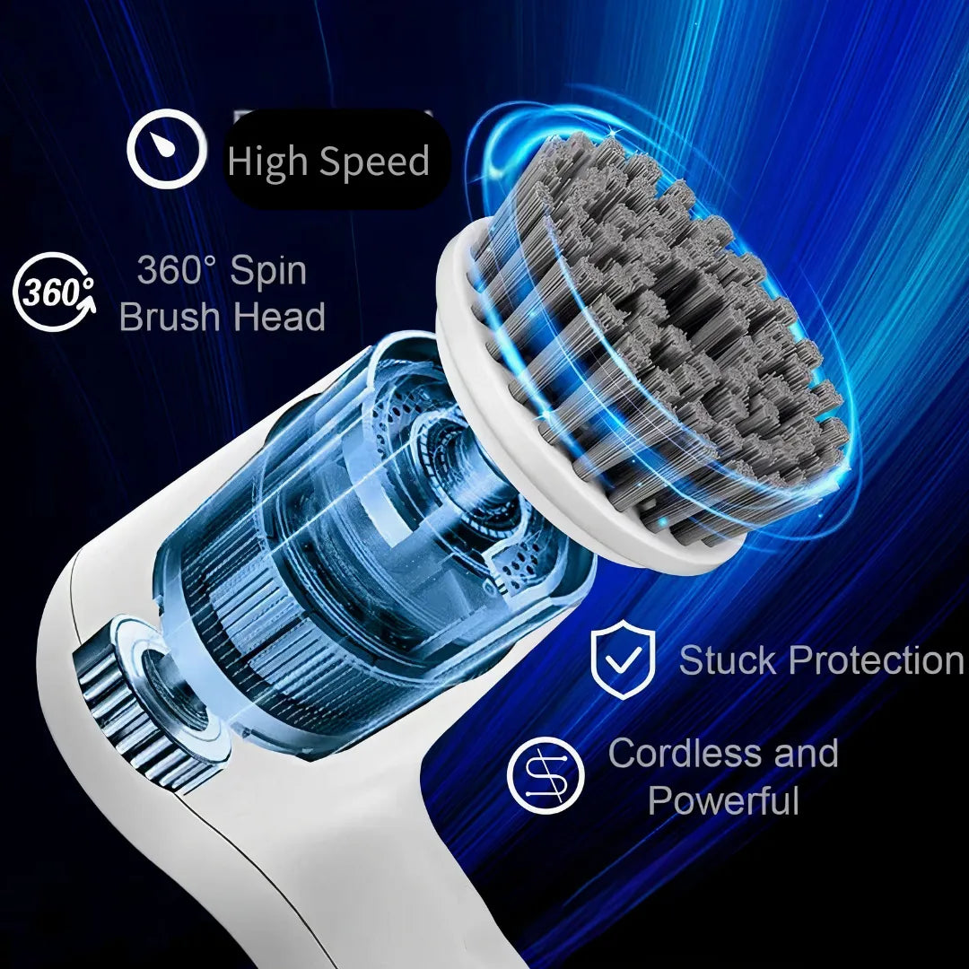 Internal structure of the electric spin scrubber showing high-speed motor, 360-degree rotation, and cordless handheld design for powerful, efficient cleaning without jamming.