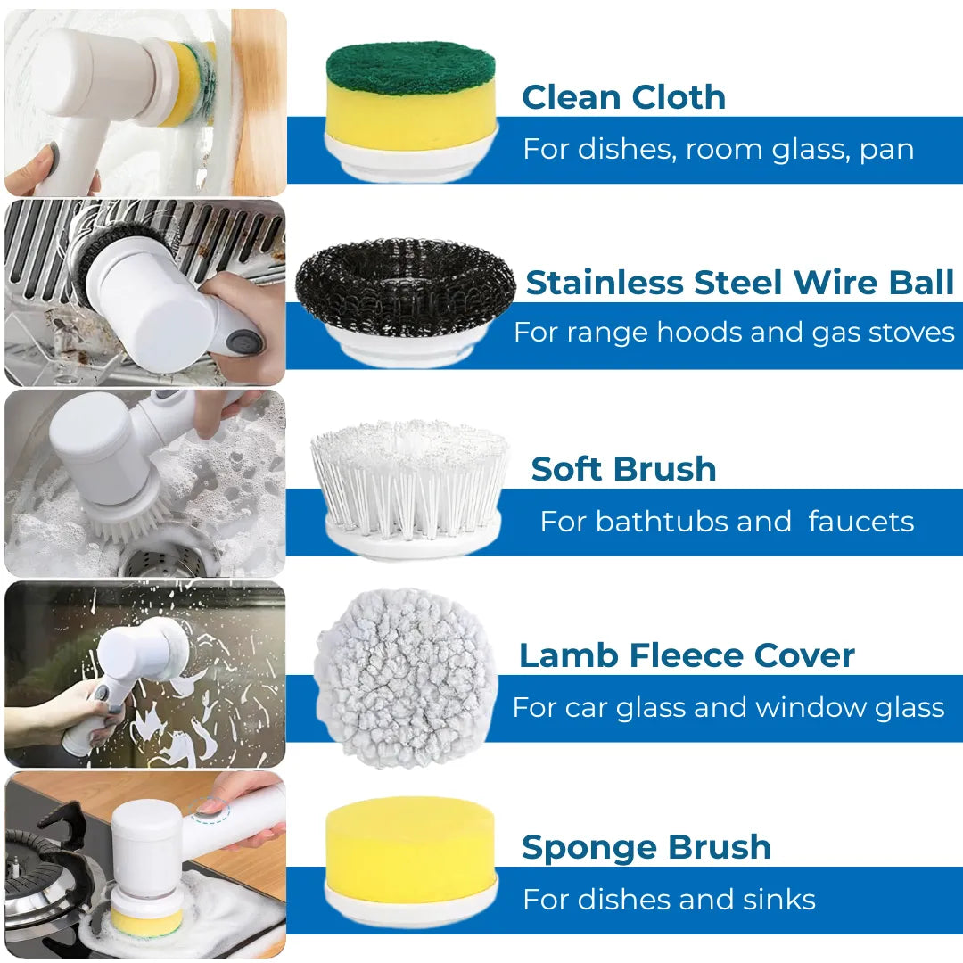 Five interchangeable brush heads displayed, each designed for different cleaning tasks, effectively removing stubborn stains in kitchens, bathrooms, and other areas.