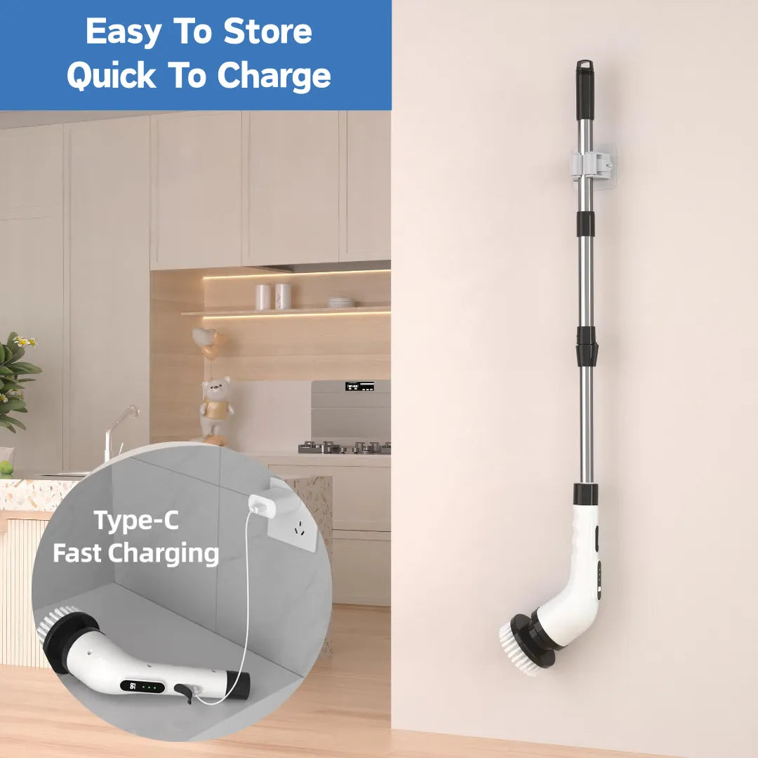 9-in-1 cordless electric cleaning brush with long handle and Type-C fast charging, hanging on a wall for easy storage—perfect for kitchens, bathrooms, and tile cleaning."