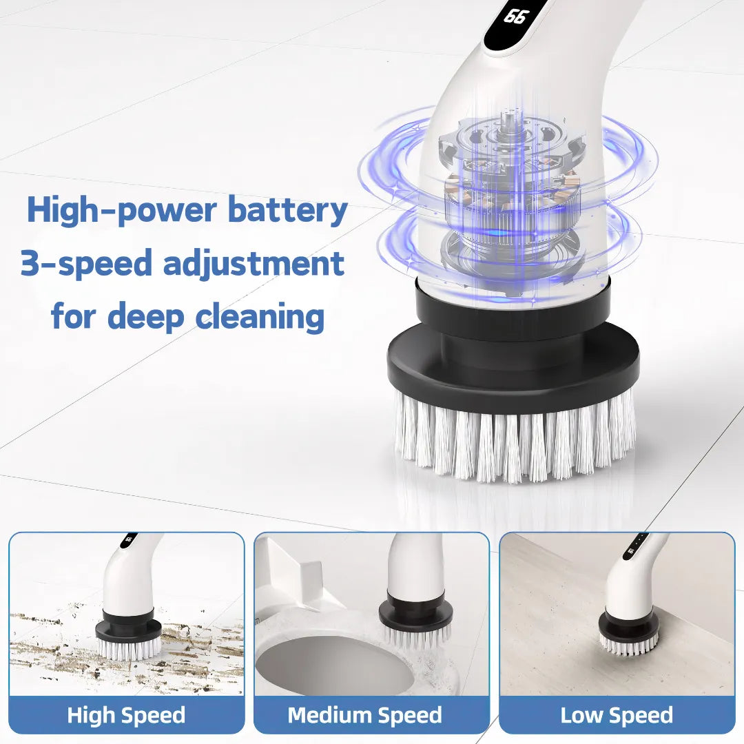 Cordless electric cleaning brush with high-power battery and 3-speed adjustment (High/Medium/Low) for deep cleaning—white handle, black base, and LCD speed display