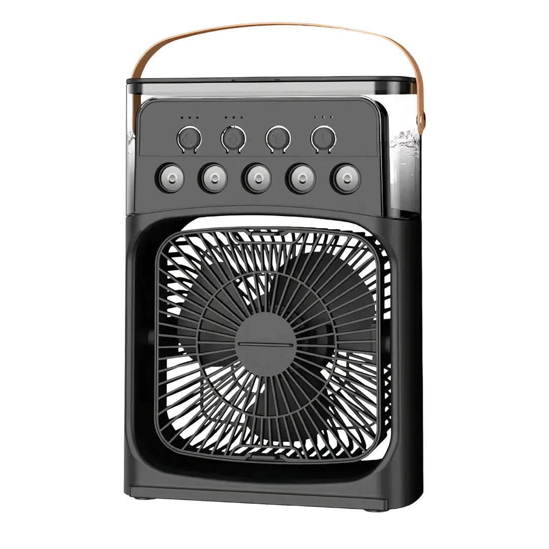Sleek black handheld air cooler with transparent water tank, control buttons, and LED indicators, featuring a convenient carry handle and large front fan.
