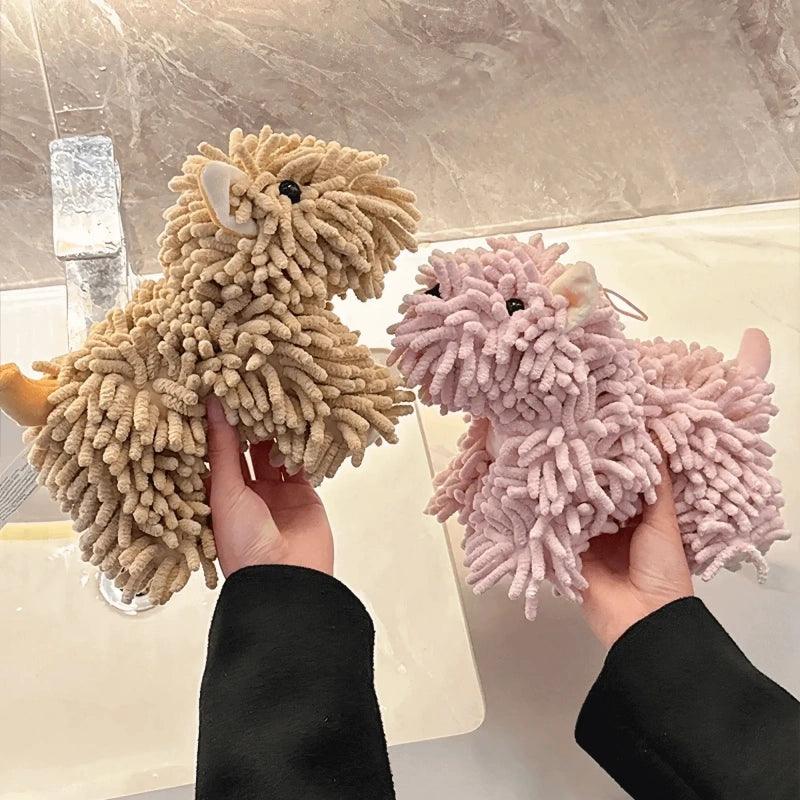 Tan and pink chenille dog hand towels, fast-drying and low bacteria, soft with cute plush shapes