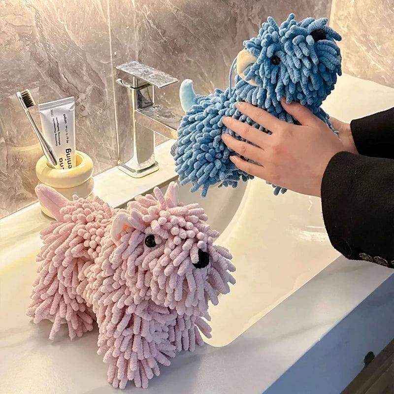 Blue and pink dog-shaped chenille hand towels, instant water absorbent and fast drying for bathroom use