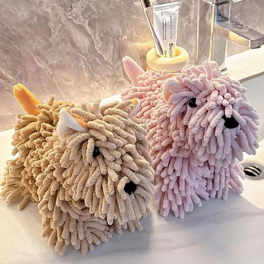 Tan and pink dog-shaped hand towels made of soft chenille material, plush and cute for chic home use