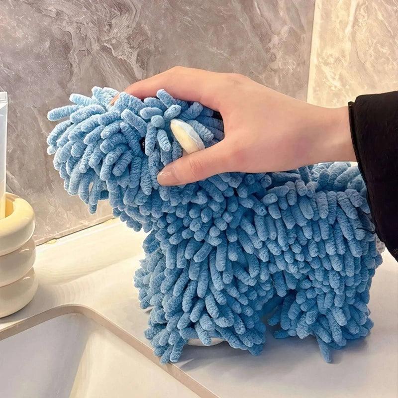 Blue dog-shaped chenille hand towel, soft and skin-friendly with a cute, plush texture