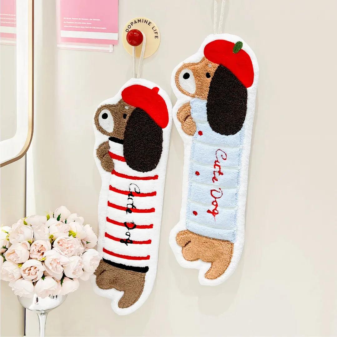 Elegant dachshund-shaped towels in red stripes and pale blue, coral fleece, stylish and decorative