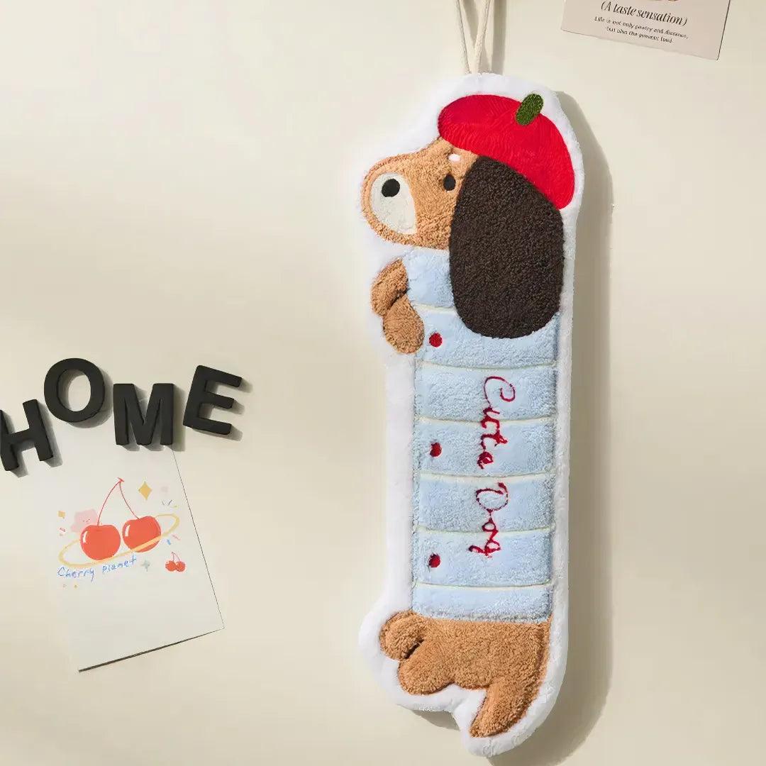 Blue dachshund-shaped coral fleece towel with red hat, cute design perfect as a home gift