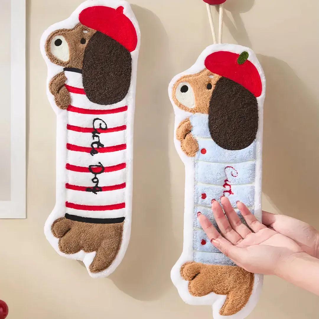 Dachshund-shaped coral fleece towel in red and blue, soft and gentle on hands and skin