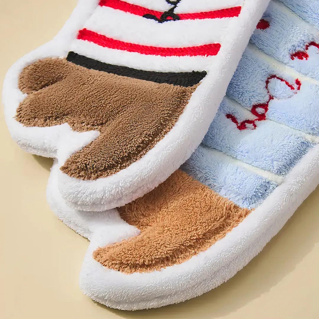Close-up of thick coral fleece dachshund towel feet in brown and tan with soft textured surface