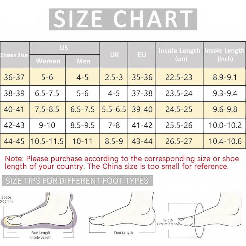 Size chart for dachshund memory foam house shoes, showing US, UK, EU sizes, insole lengths in cm and inches, plus tips for different foot shapes.