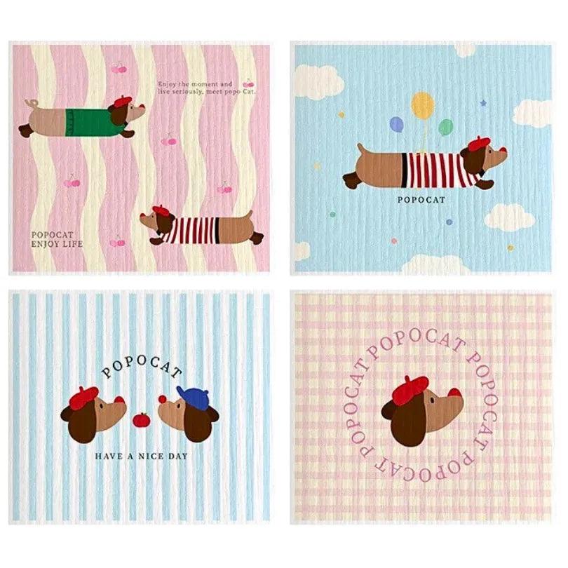 Set of 4 dachshund-print cellulose towels with chic designs.