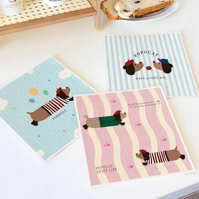 Set of dachshund-print cellulose towels for versatile daily cleaning tasks.