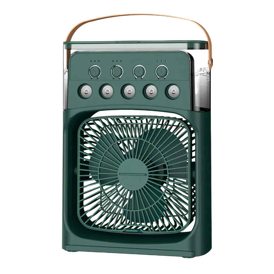 Green portable air cooler with top handle, front fan grille, control buttons, LED indicators, and side transparent water tank for easy monitoring.