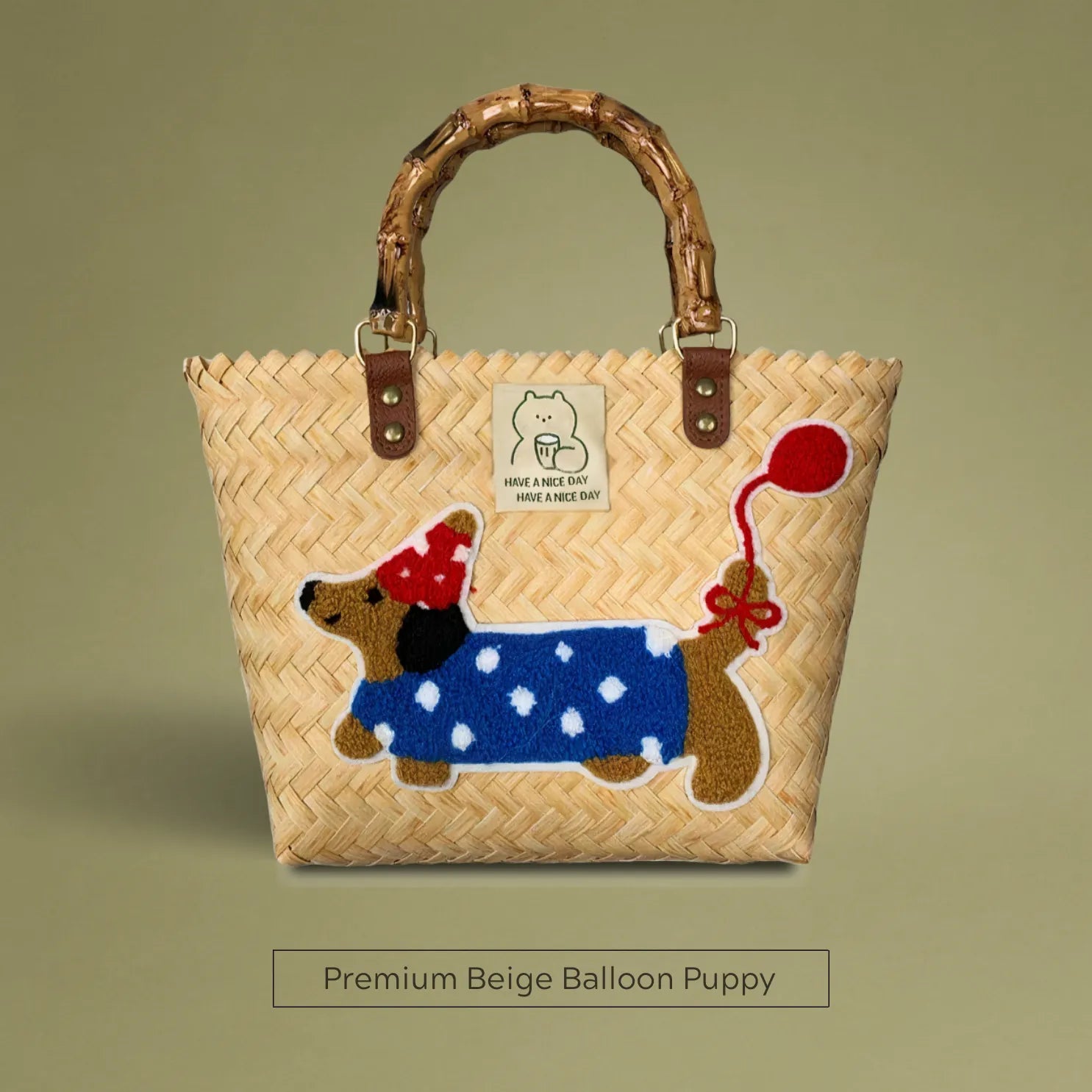 Handwoven bamboo tote with a playful dachshund balloon embroidery in premium beige, crafted for a chic and vintage look.
