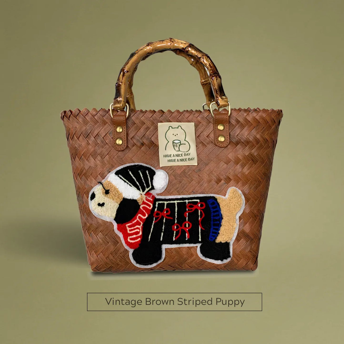Handwoven bamboo tote with vintage brown striped dachshund embroidery, handcrafted with care, chic and retro, perfect for stylish women.