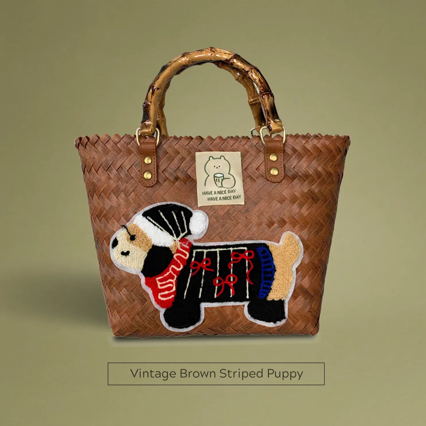 Handwoven bamboo tote with vintage brown striped dachshund embroidery, handcrafted with care, chic and retro, perfect for stylish women.