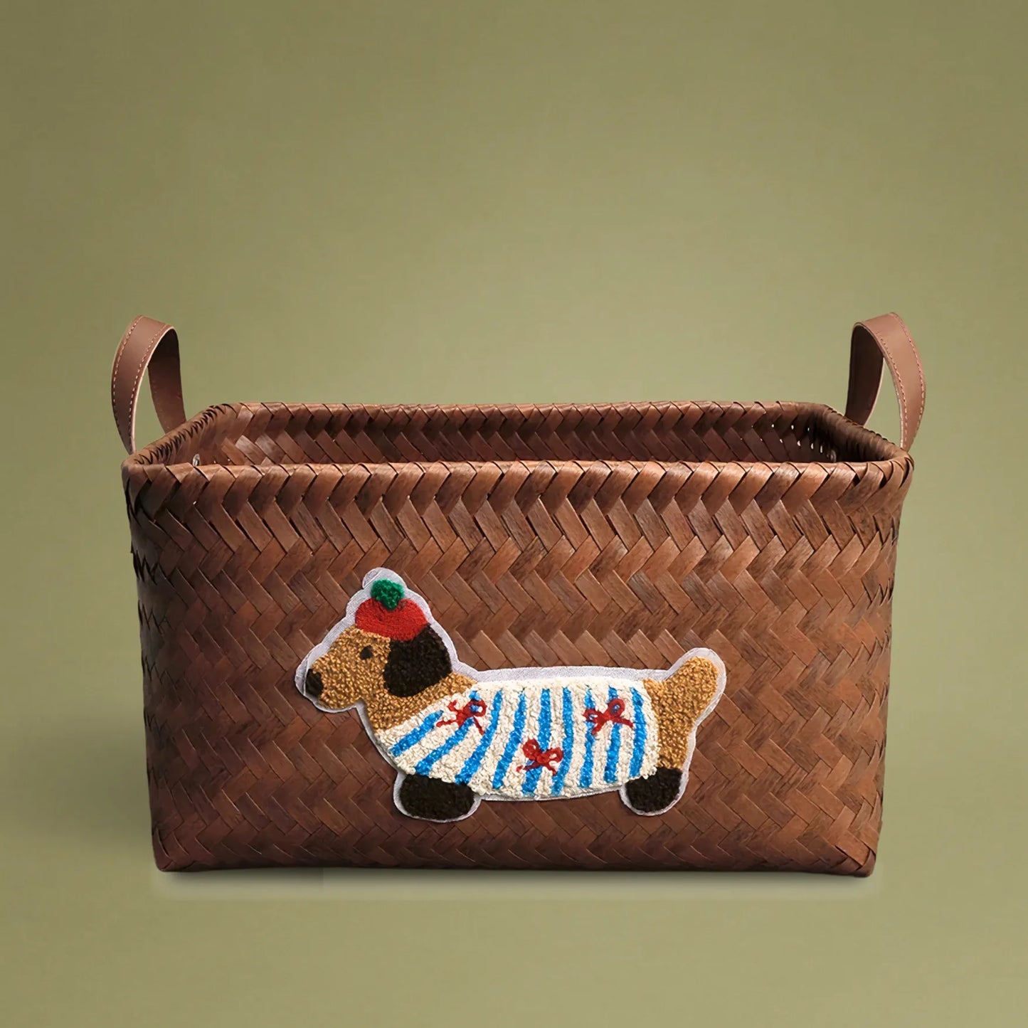Handwoven wicker storage basket with dachshund embroidery, made from recycled plastic, ideal for home storage and decoration