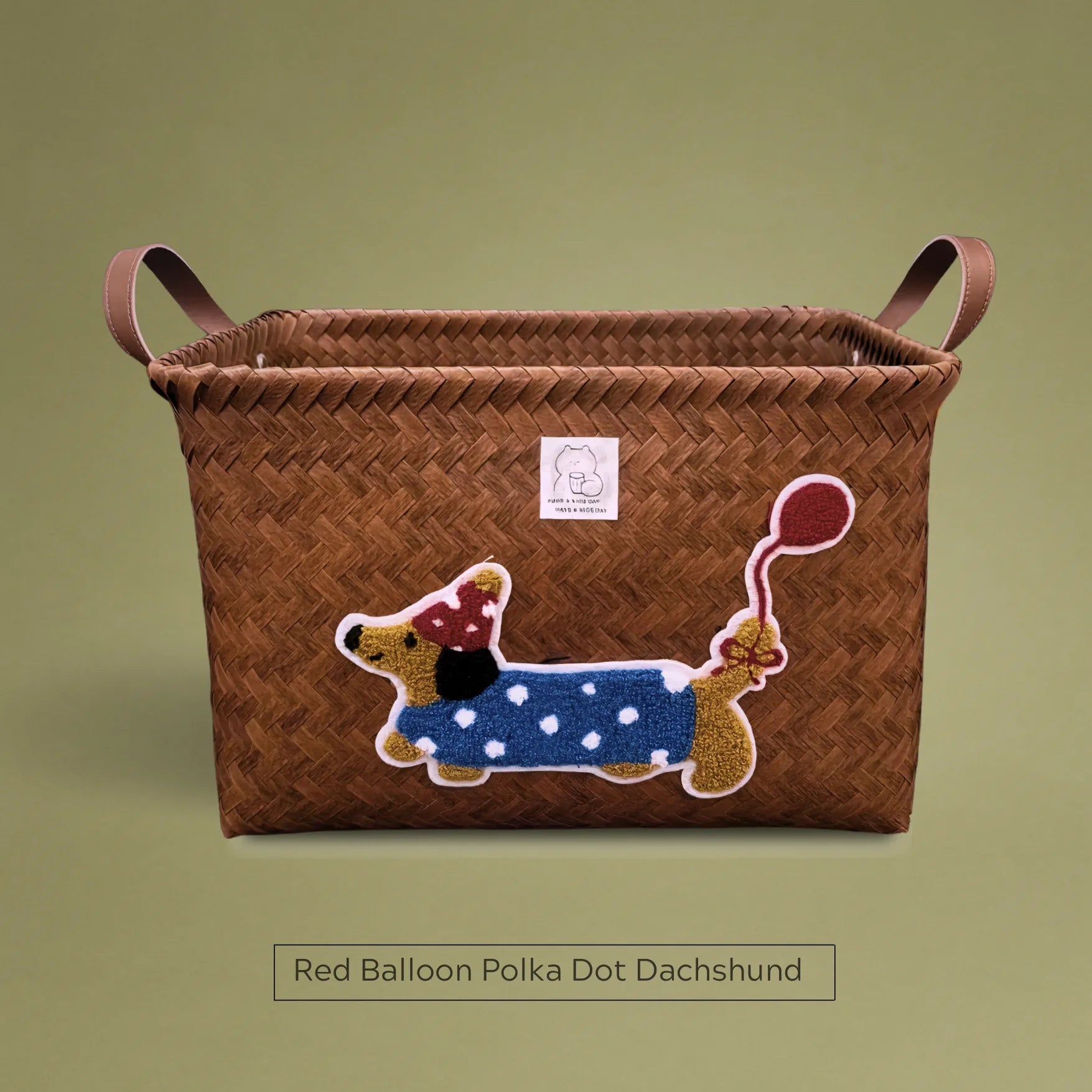 Handwoven wicker storage basket with red balloon polka dot dachshund embroidery, cute and functional for home use