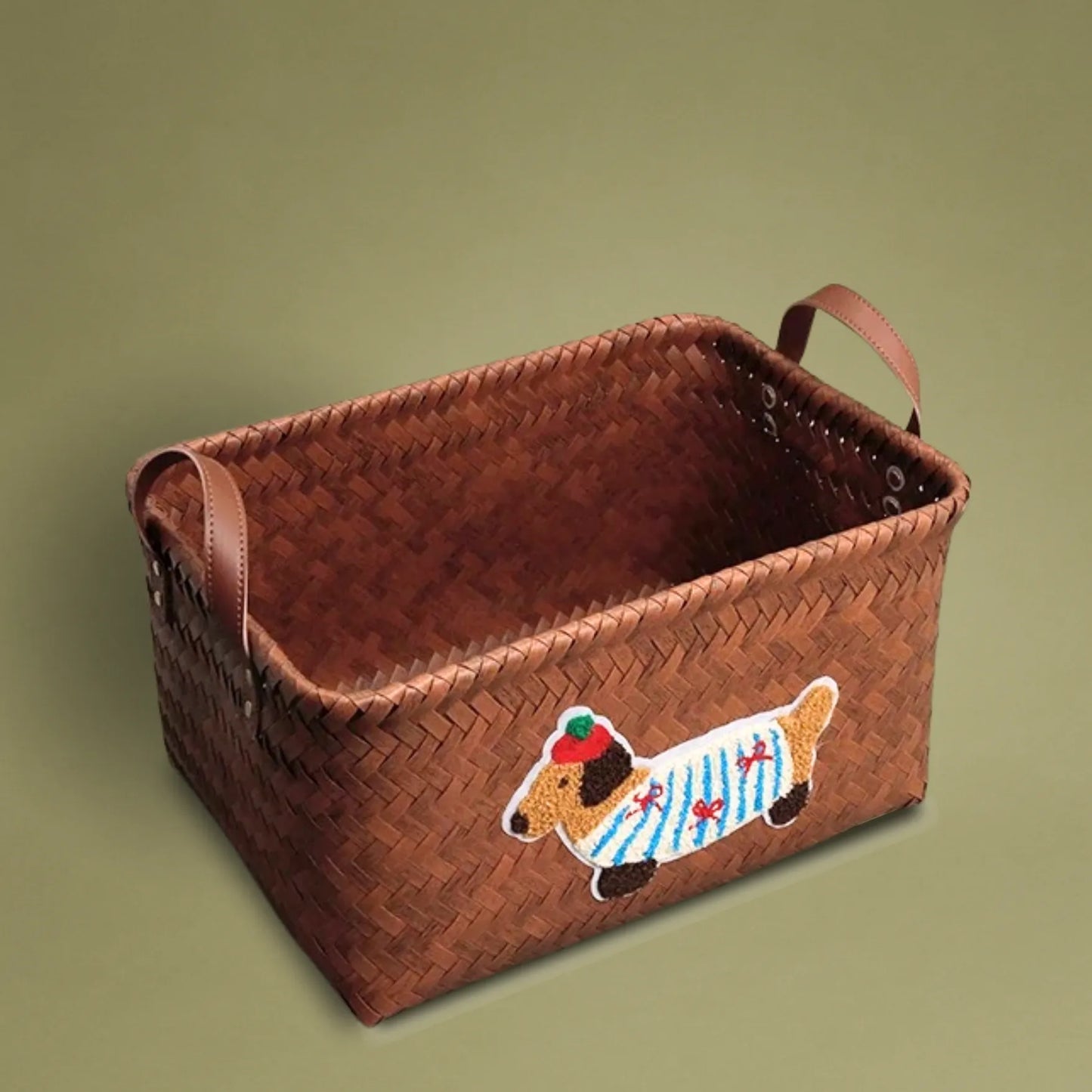 Handwoven wicker storage basket with dachshund embroidery, spacious, functional and perfect for organizing home essentials