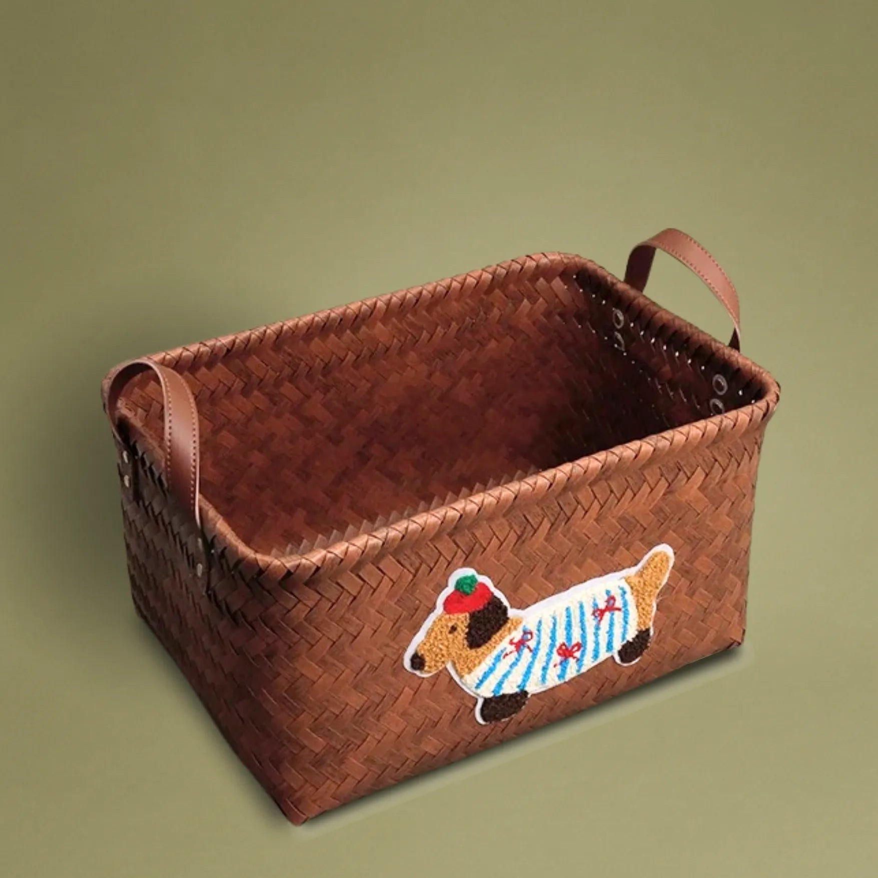 Handwoven wicker storage basket with dachshund embroidery, spacious, functional and perfect for organizing home essentials