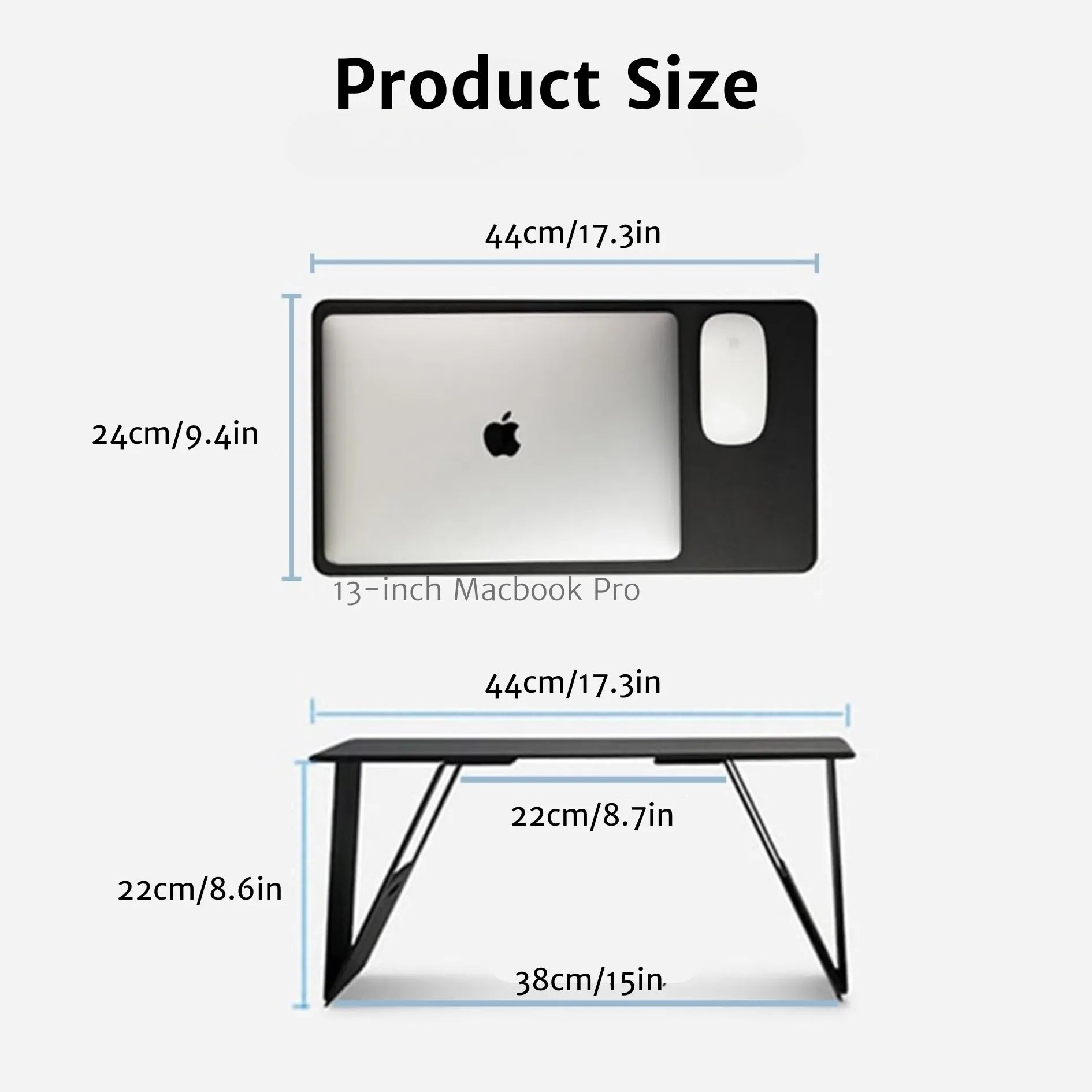 The foldable lap desk is shown next to a MacBook Pro 13", perfectly sized to support both a laptop and mouse, highlighting its compact and practical design for work.