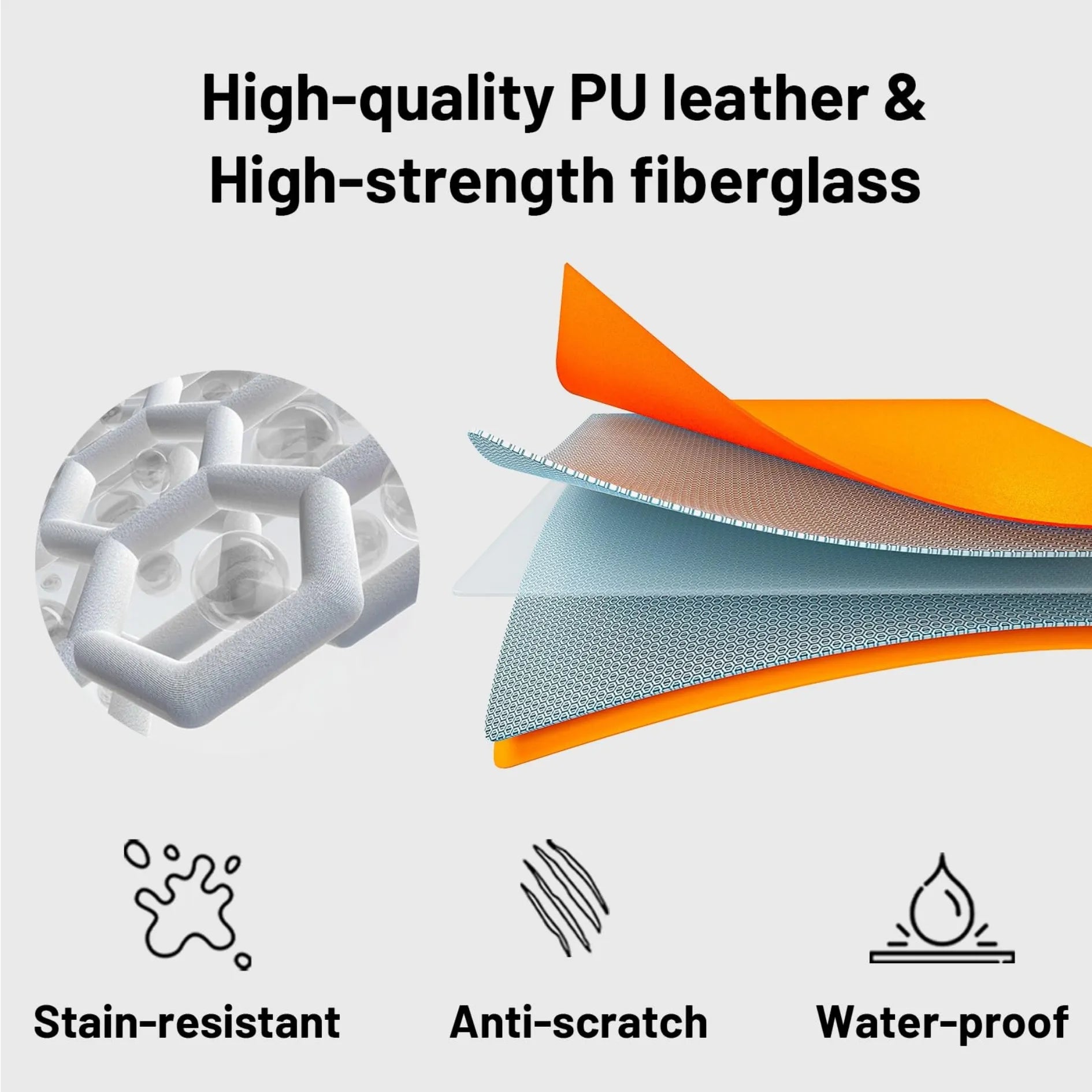 Multi-layer material breakdown of the foldable lap desk showing its premium PU construction. Features include stainless resistance, anti-scratch durability, and waterproof protection.