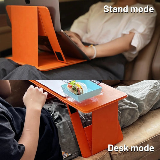 Two images show a foldable lap desk used in both stand mode for typing and desk mode for eating. The slim design supports multiple functions in limited spaces.