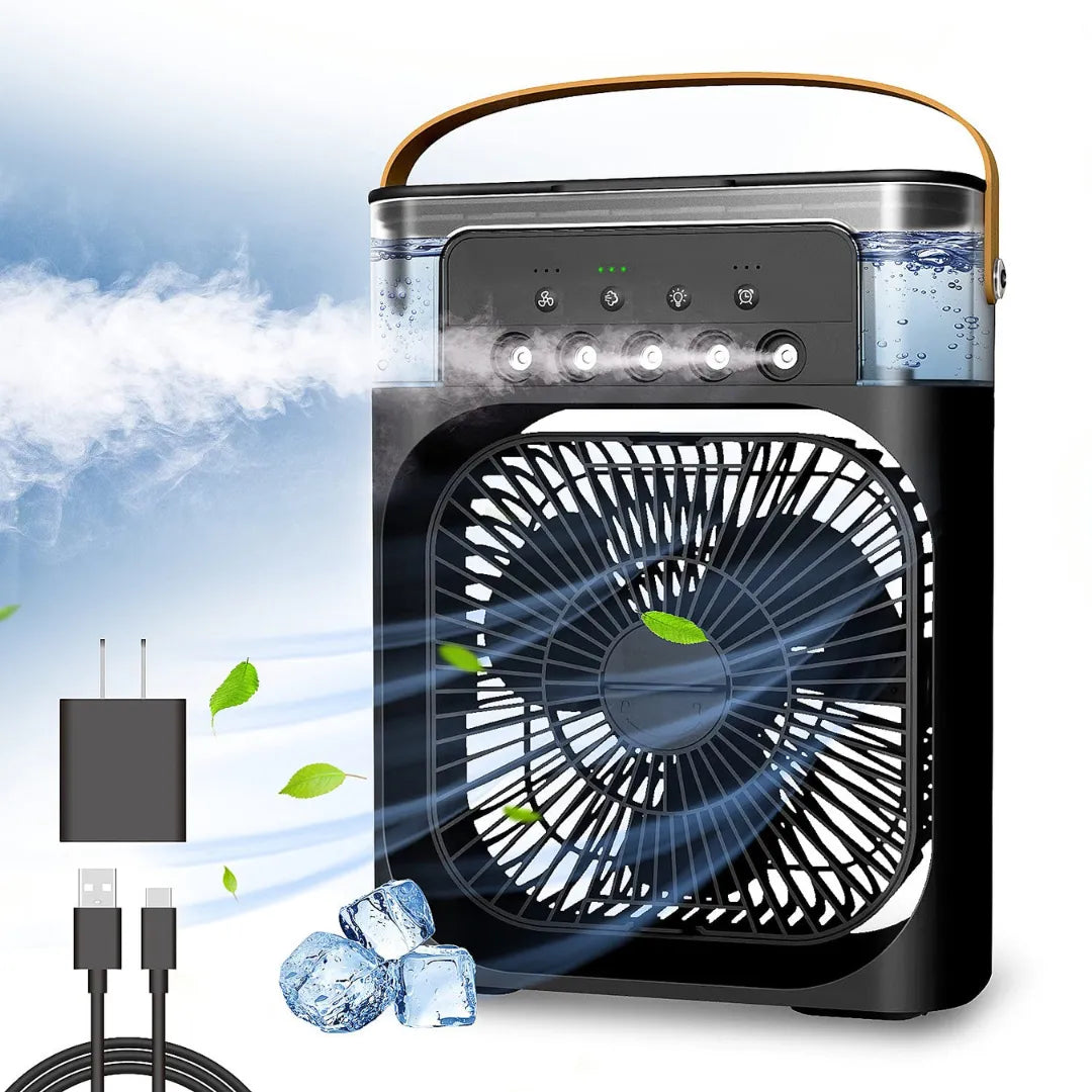 Split-screen showing hands cleaning fan blades and transparent water tank of black air cooler with "Easy To Clean" text on wooden table.