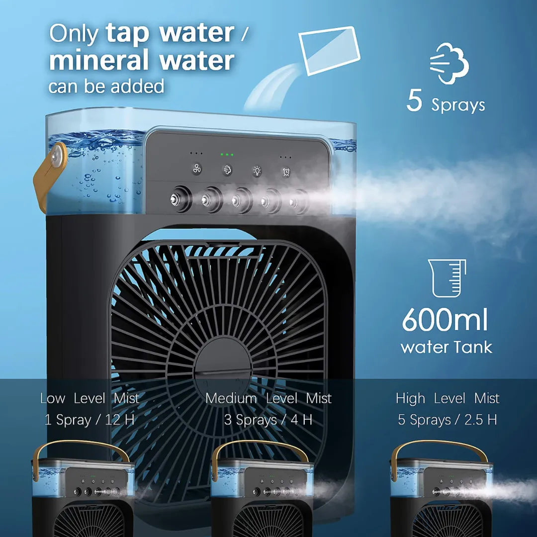 Black portable air cooler with transparent 600ml water tank, showing simple tap water refill process and 5 spray nozzles with mist levels (Low/Medium/High) on blue background.
