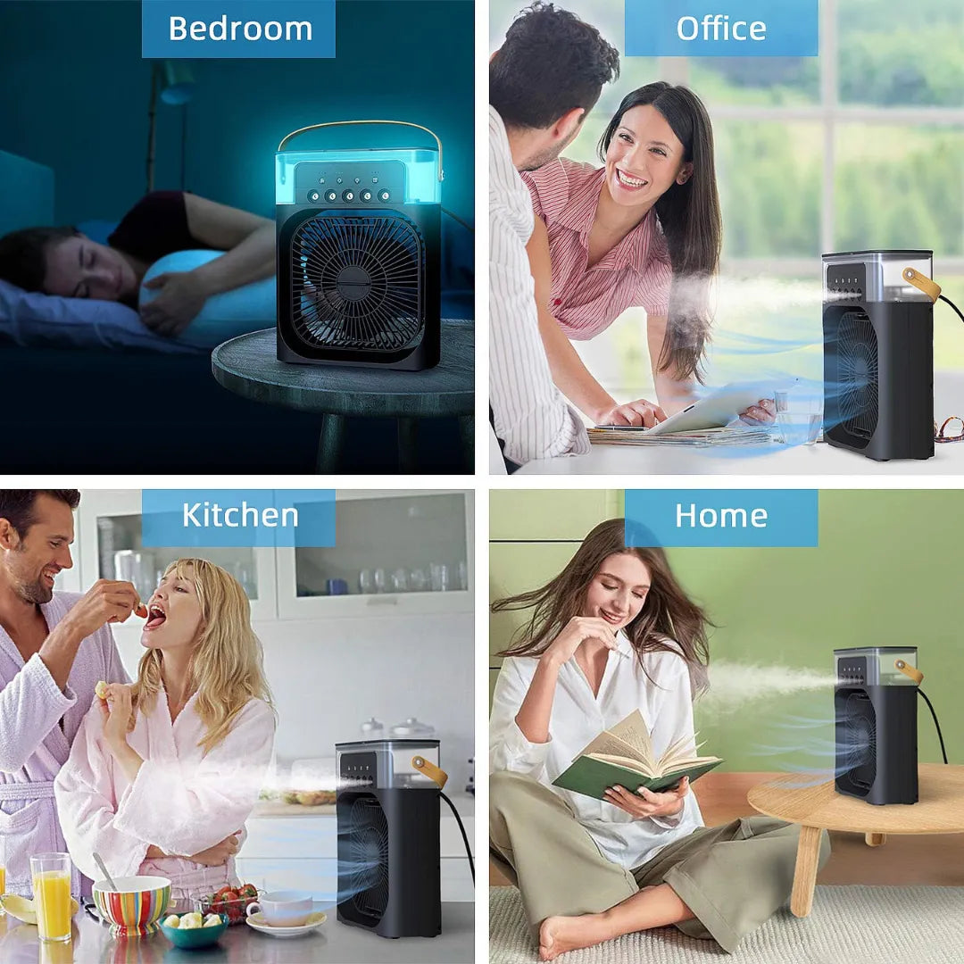 Portable air cooler with LED lights shown in 4 settings: bedroom (sleeping), office (working), kitchen (breakfast), and home (reading), demonstrating versatile use.