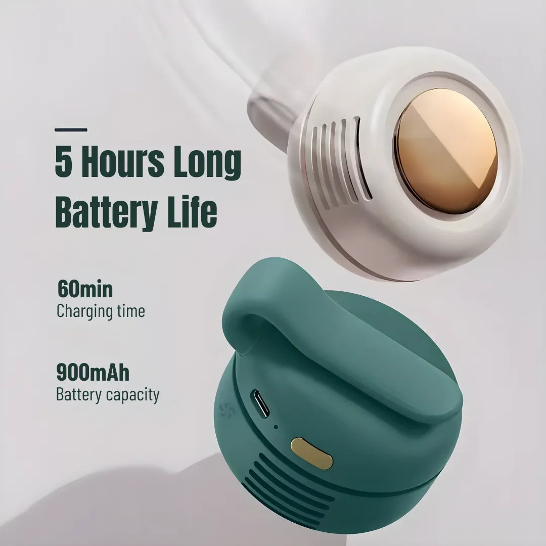 White and teal portable clip-on mini fans with gold buttons, featuring 5-hour battery life, 60min charging time and 900mAh capacity on light neutral background.