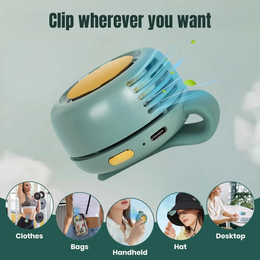 Green clip-on mini fan with gold accents, clipped to clothes, bags, hats, and desks. Shows "Clip wherever you want" text with USB-C port and airflow grilles on light gray background.