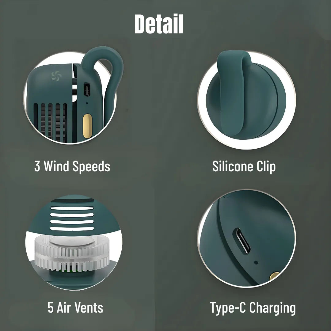 Teal clip-on mini fan grid close-up showing 3 speeds, silicone clip, 5 vents, and Type-C port on dark gray background, highlighting refined craftsmanship.