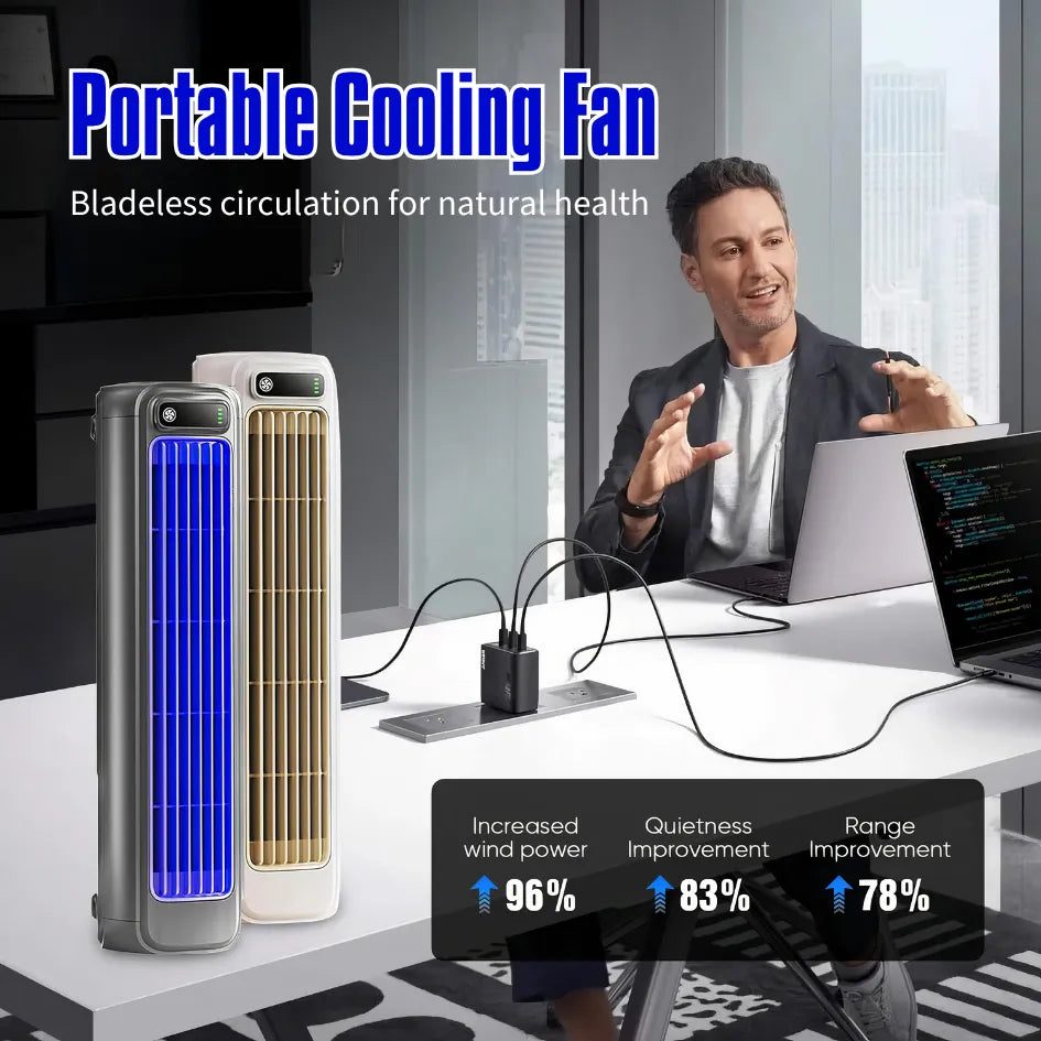 Bladeless portable air cooler (blue/gold models) on desk with businessman using laptop, showing 96% wind power, 83% quietness, and 78% range improvements.