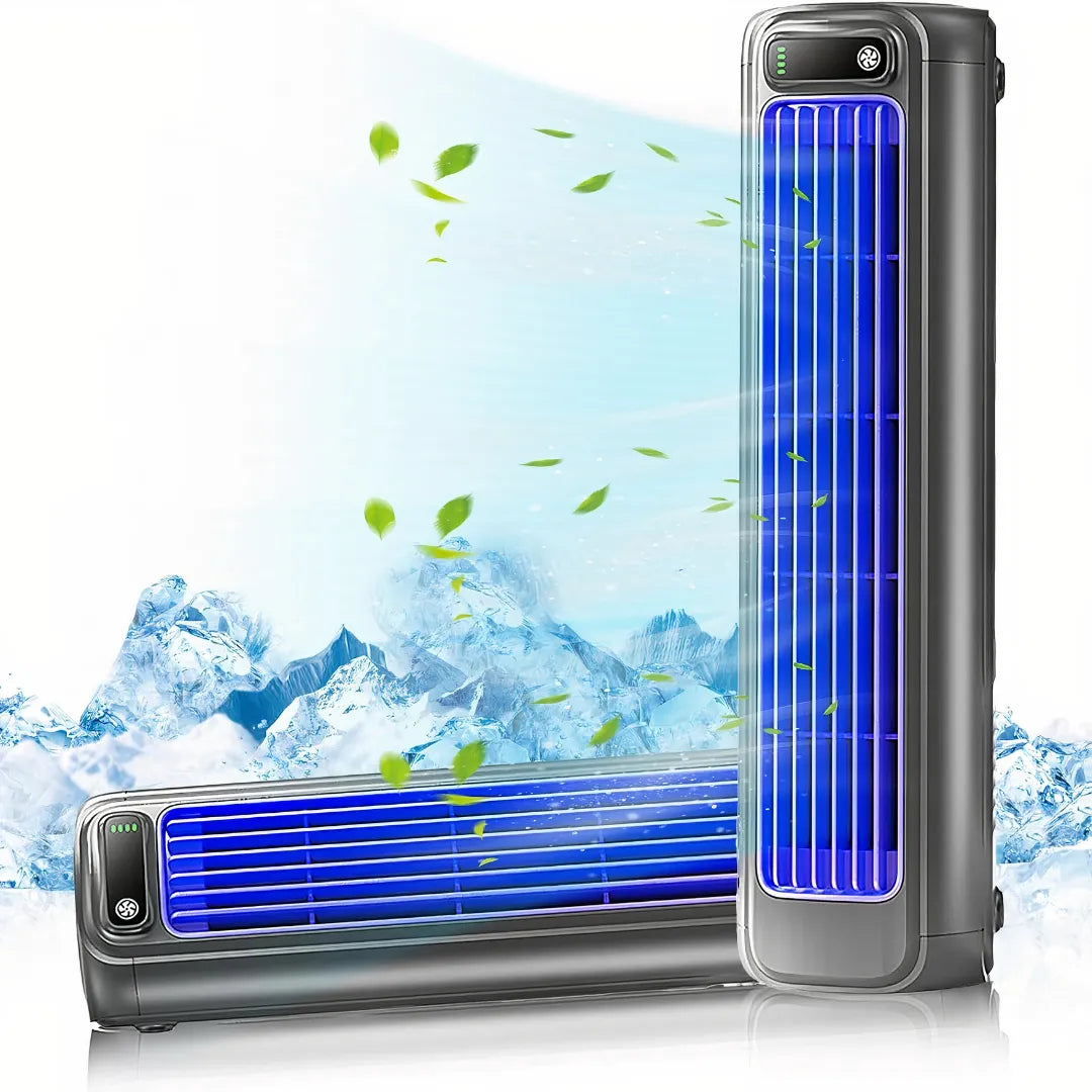 Metallic gray portable air cooler with blue grille shown both vertically mounted and horizontally placed, surrounded by floating leaves against icy mountain backdrop.