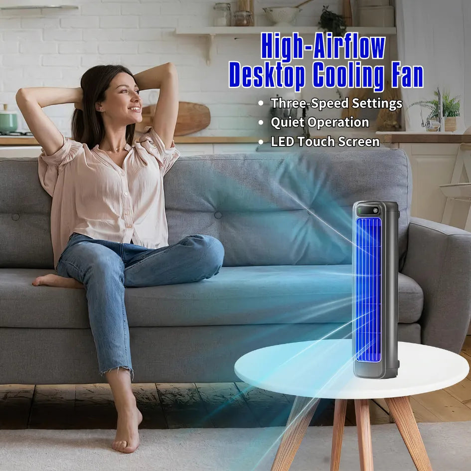 Woman relaxing on sofa with high-speed portable air cooler emitting blue airflow on white table, featuring LED touch screen in modern living room.