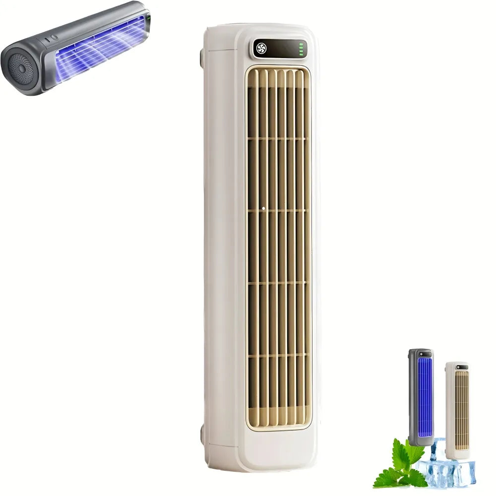 White portable air cooler with vertical slats and blue-lit component (top left), shown alongside two mini models with ice cubes and leaves on clean white background.