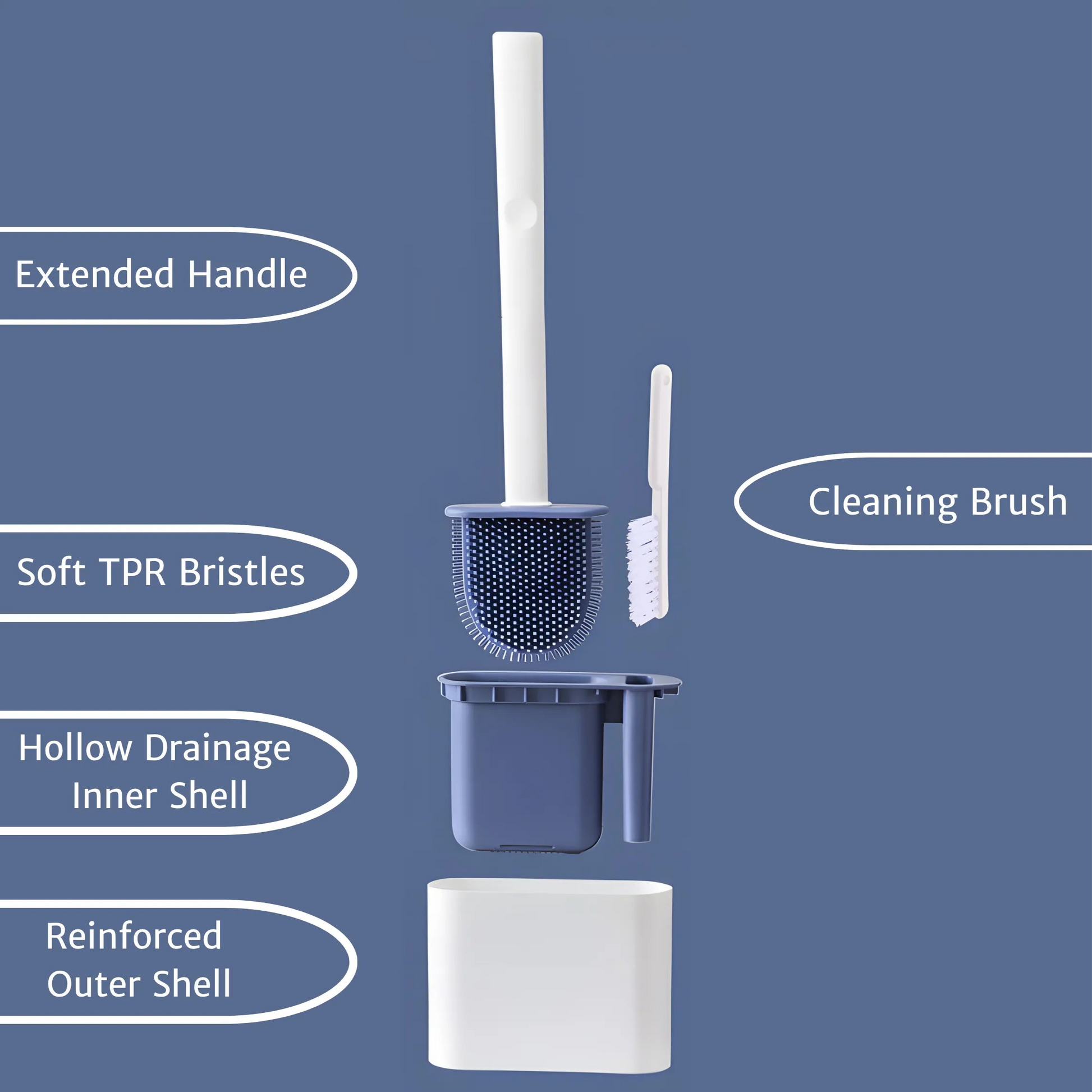 Exploded view of a silicone toilet brush showing its 4-in-1 structure: extended handle, TPR bristles, drainage inner shell, and sleek minimalist outer holder.