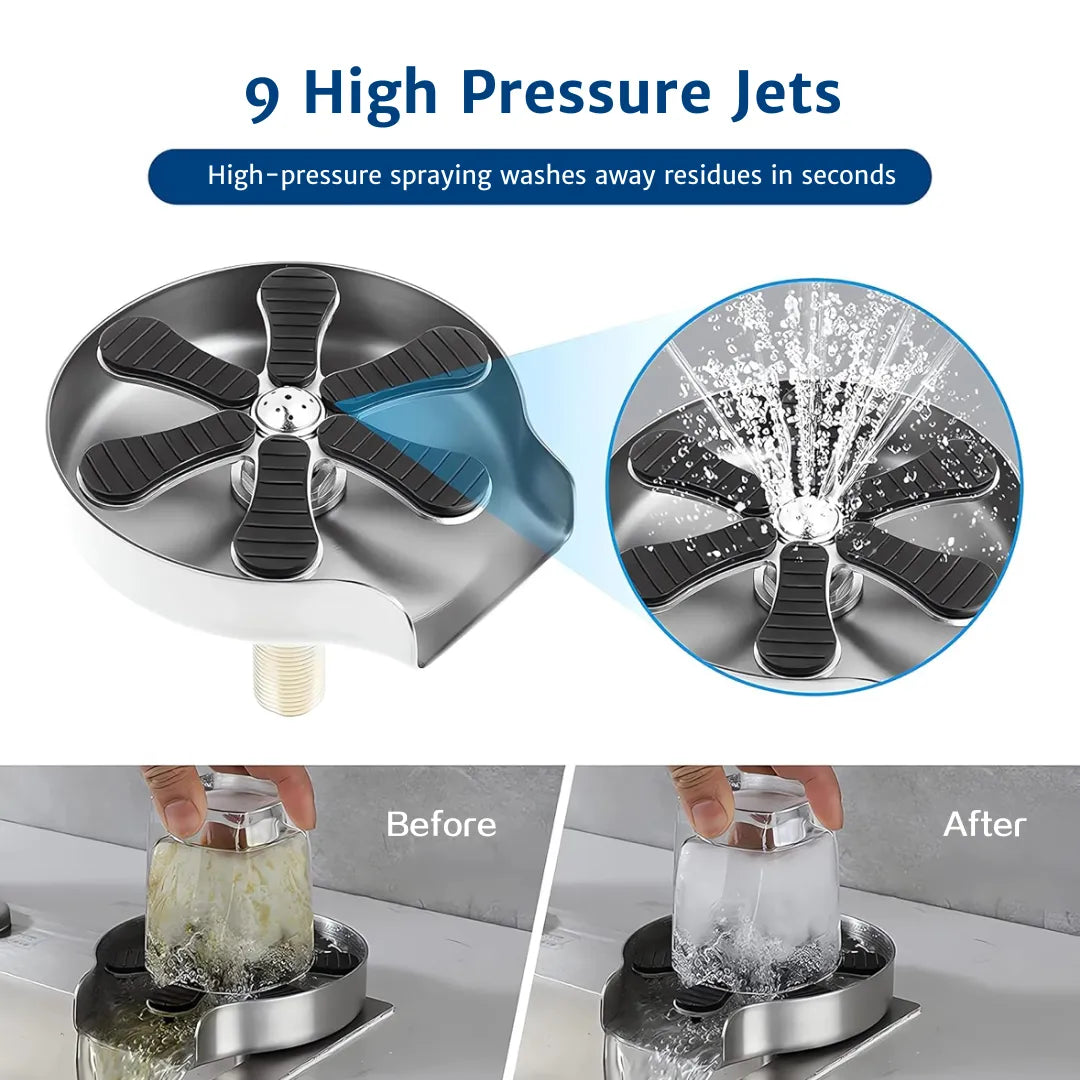 Image comparing a dirty cup before and a spotless cup after using the glass rinser, showing strong water flow and multi-angle jets for fast, high-pressure cleaning.