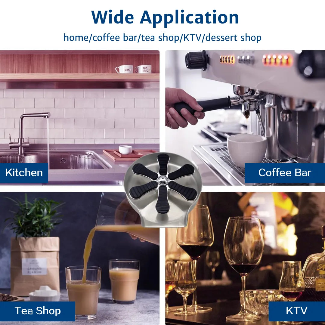 Image shows the glass rinser being used in four settings: a home kitchen, café, dessert shop, and bar—demonstrating its wide applicability across various cleaning scenarios.