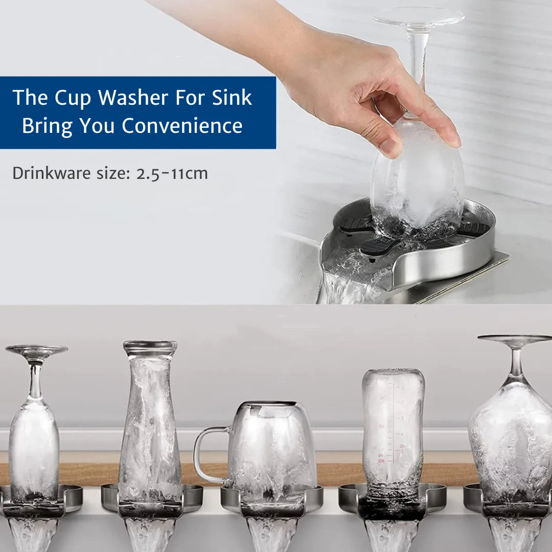 Image shows the glass rinser cleaning cups of various shapes and mouth sizes, compatible with openings from 2.5cm to 11cm—ideal for diverse cleaning scenarios and drinkware types.