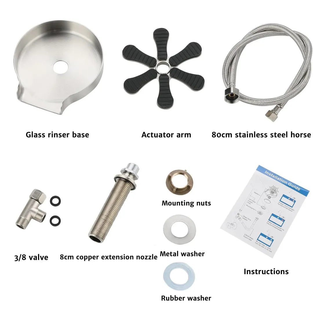 mage displays all included components: spinner, base, hose, screws, and user manual—ensuring simple installation with all necessary materials for convenient DIY setup.